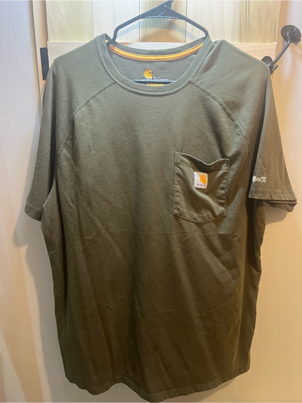 Carhartt Olive Green Short-Sleeve Pocket Tee with Gold Accent